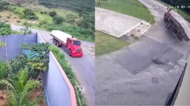Caminhão perde o controle ao acessar a rotatória